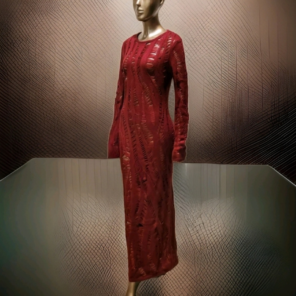 NWT Burgandy Distressed Long Sleeve Knit Maxi Sweater Dress Sz M - Picture 9 of 15